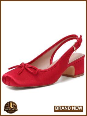 Low Block Heel Slingback Pumps Square Toe Satin Mary Jane Shoes with Bow